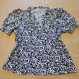Ann Taylor LOFT  Black Leopard Cheetah Short Sleeve Blouse Shirt Size XXL Frill